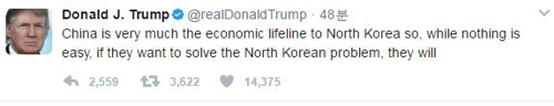 트럼프 “中은 北의 경제 생명줄…北문제 해결 원하면 해결할 것”