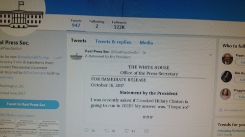 트럼프 트윗 ‘백악관 성명 형식’ 자동전환 ‘트위터 봇’ 등장
