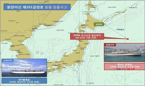 일본 홋카이도 남동쪽 공해상 우리 원양어선끼리 충돌…1척 침몰