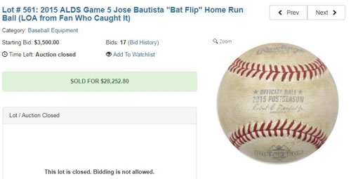 MLB 바티스타의 ‘배트 플립 홈런공’ 경매서2만8천252.80달러에 낙찰