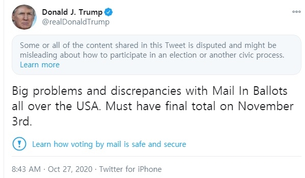 “우편투표에 큰 문제” 트럼프 트윗에 ‘경고 딱지’